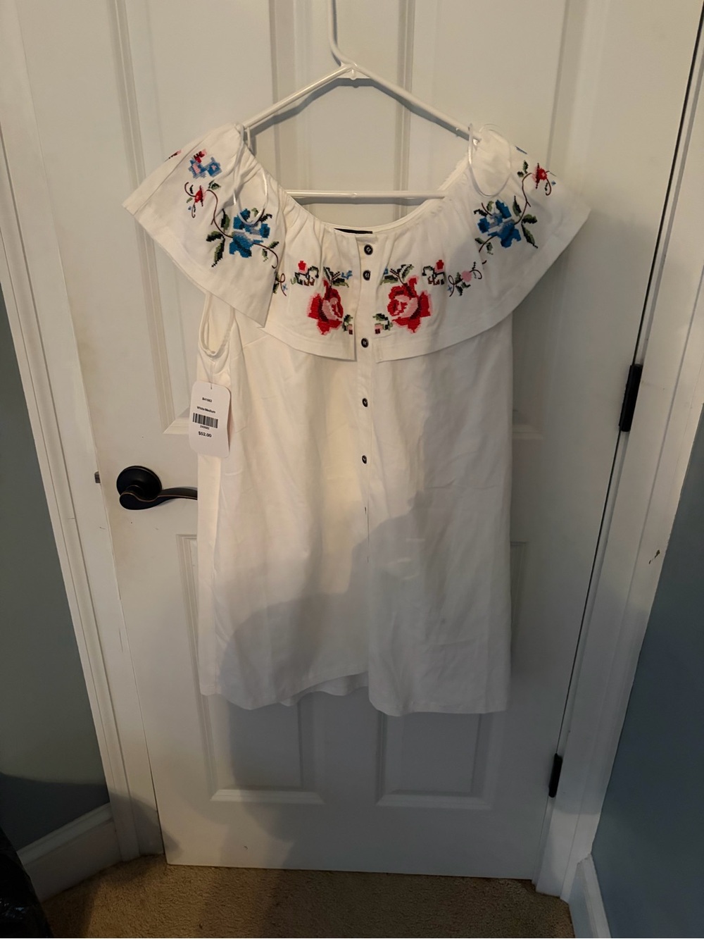White Embroidered Off-Shoulder Dress with Floral Detail